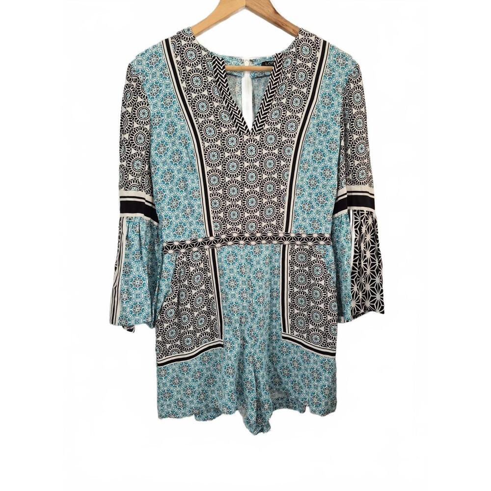 Loft Ladies Blue White Black Geo Print Dressy Romper Long Bell Sleeve V-